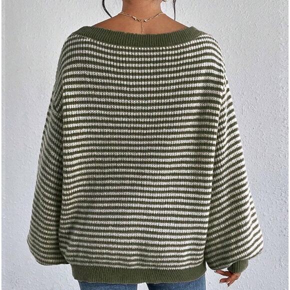 NWT Cupshe Women’s Small Oversized Striped Knit Off Shoulder Sweater Top Green - Picture 5 of 7